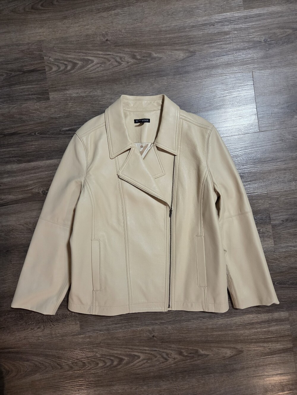 Eileen Fisher Rumpled Lux Lambs Leather Moto Jacket Cream - Medium